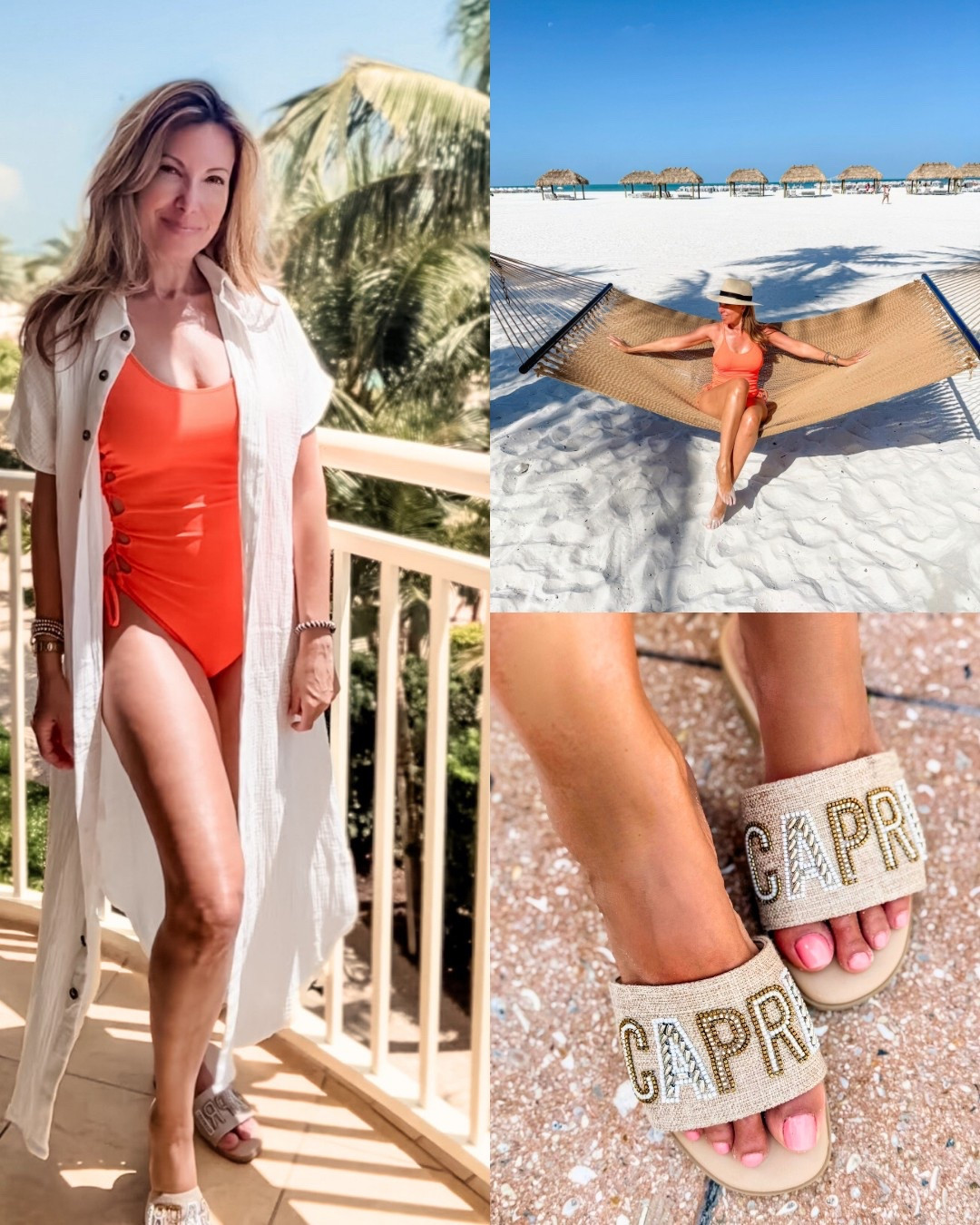 Bright and chic beach and poolside look. 

Affordable vacation wear, beach wear, one piece bathing suit with style, sandals and hat. 

#LTKTravel #LTKStyleTip #LTKSwim