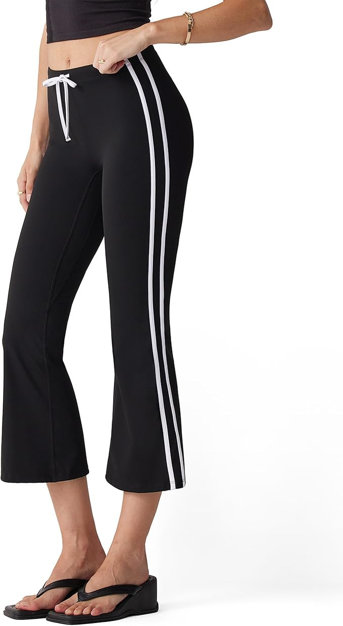MOOSLOVER Women Flare Capri Yoga Pants High Waisted Side Stripe Drawstring Bootcut Flared Cropped... | Amazon (US)