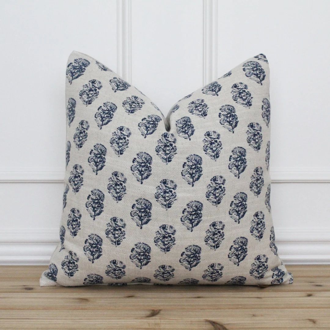 Navy Blue Hand Block Pillow Cover Floral Pillow Cover Hand - Etsy | Etsy (US)