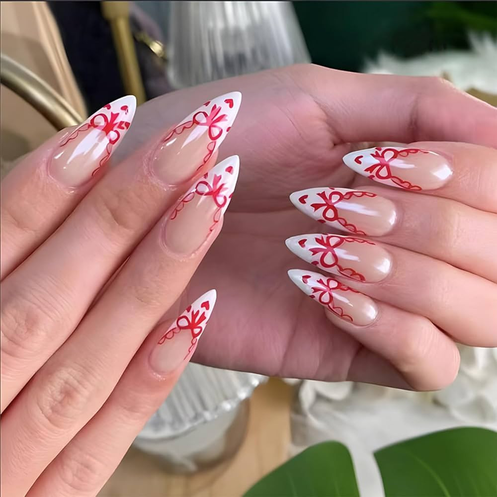 Red Bow Heart Press on Nails Long Almond Valentine's Day Fake Nails Glossy White French Tip Acryl... | Amazon (US)