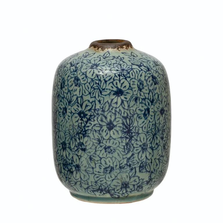 Creative Co-Op Decorative Round Terra-cotta Vase with Floral Pattern with Distressed Finish, Blue | Walmart (US)