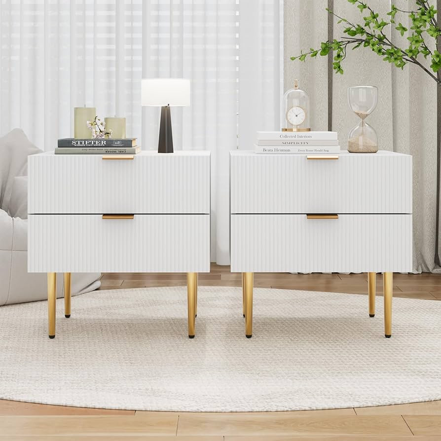 Set of 2 Nightstand, White Mid Century Modern Night Stand with Fluted Panel, Bedside Table with 2... | Amazon (US)