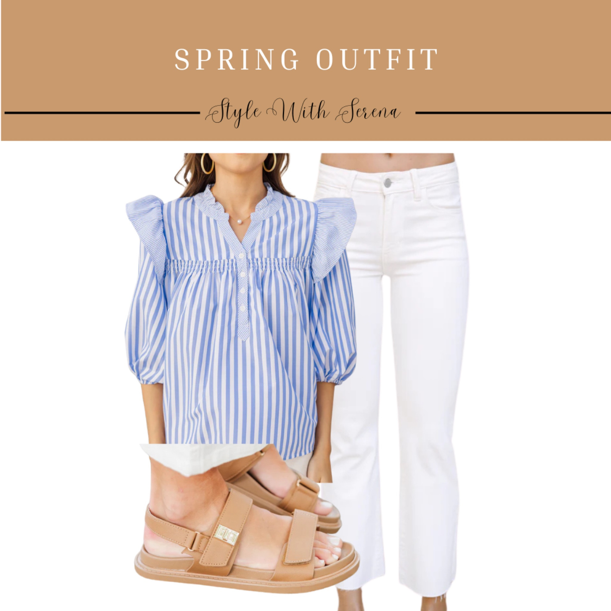 Spring outfit, spring style, blouse, stripe blouse, blue and white blouse, white jeans, white denim, sandals 

#LTKFindsUnder100 #LTKOver40 #LTKStyleTip
