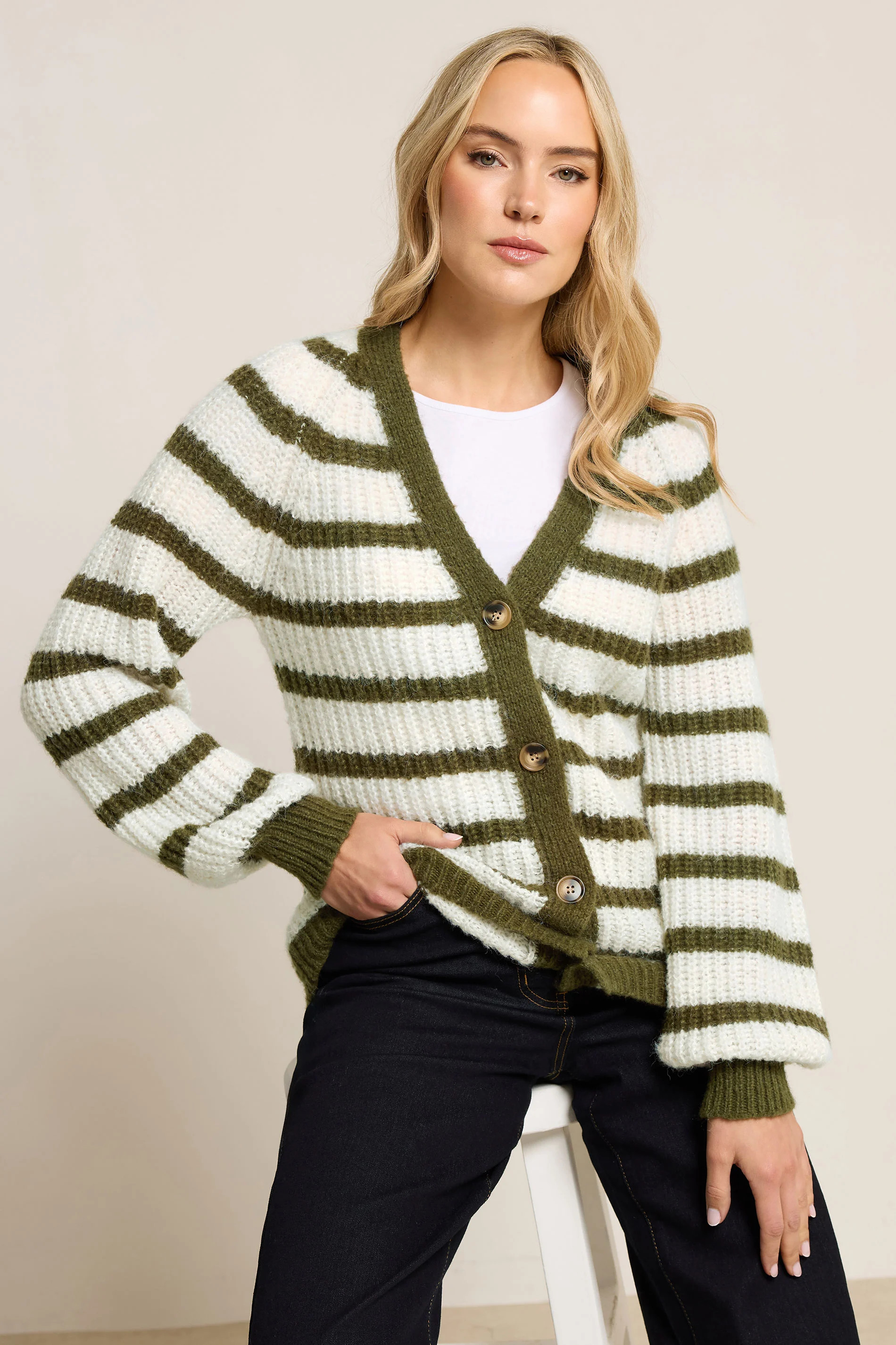 LTS Tall Green Knitted Stripe Button Cardigan | Long Tall Sally