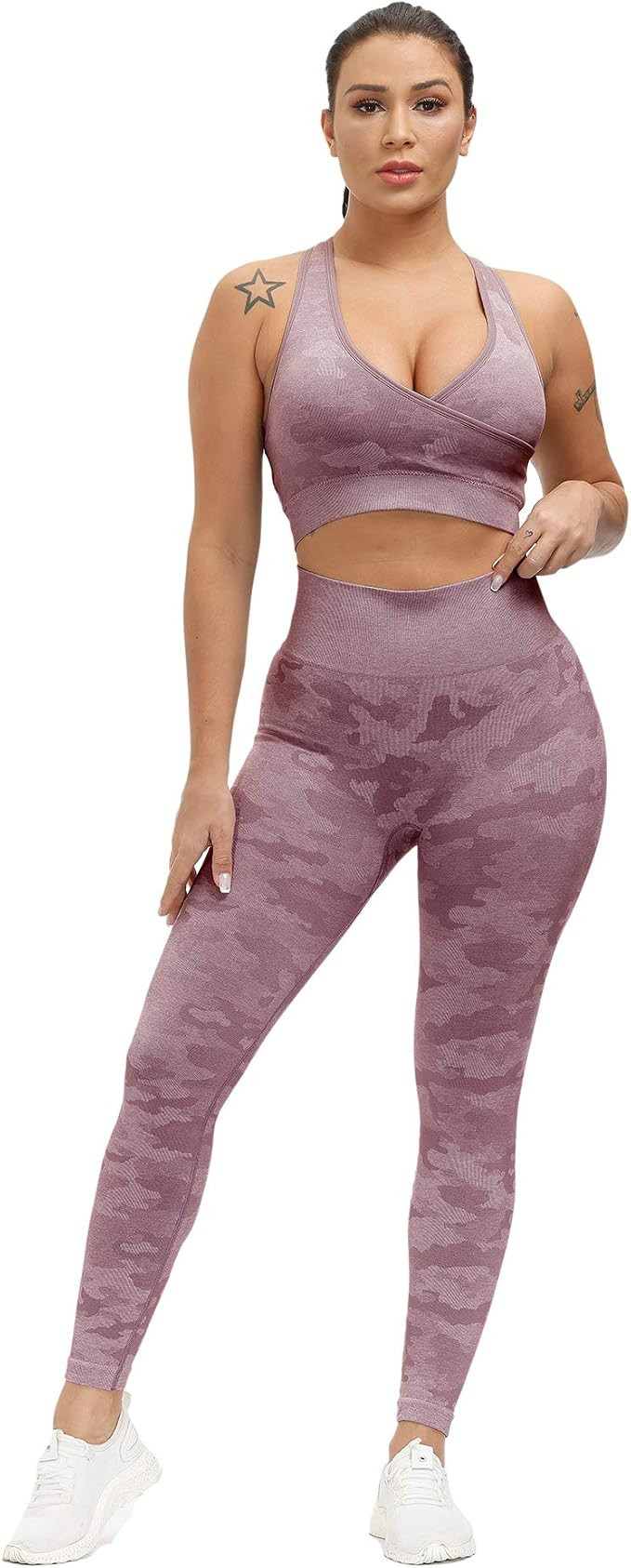 SweatyShark Women Workout Set Active 2 Pieces Camo Yoga Leggings with Adjustable Sports Bra | Amazon (US)