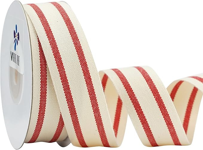 MEEDEE Natural Cotton Stripes Fabric Ribbon 1 inch Red and White Stripe Ribbon for DIY Crafts, Gi... | Amazon (US)