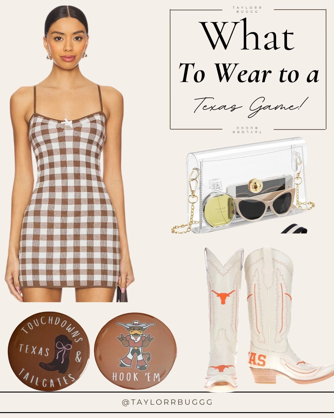 Hook ‘Em but make it cute 🤠🧡
This brown gingham mini + custom Longhorn boots = Texas forever energy. Whether you’re tailgating or heading into DKR, this look will have you standing out from the student section to the sidelines. Linked everything you need for the ultimate clear-bag-approved, burnt orange moment!