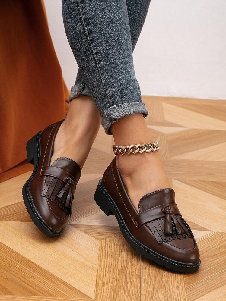 2026 Autumn Minimalist Fringe Decor Flat Loafers Retro Casual Shoes, Women Loafers | SHEIN