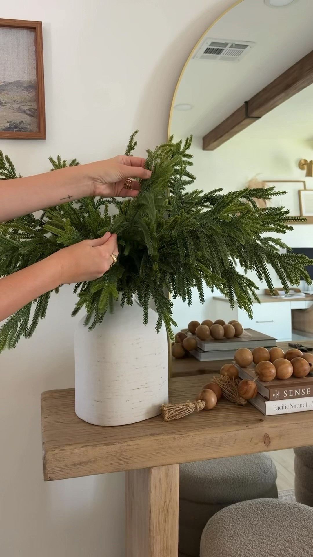 Faux Norfolk pine stems! These Amazon Christmas stems are gorgeous, lush and bendable! Beautiful for a centerpiece or your console table decorating! They’re 36 inches and I bought the 10 pack!