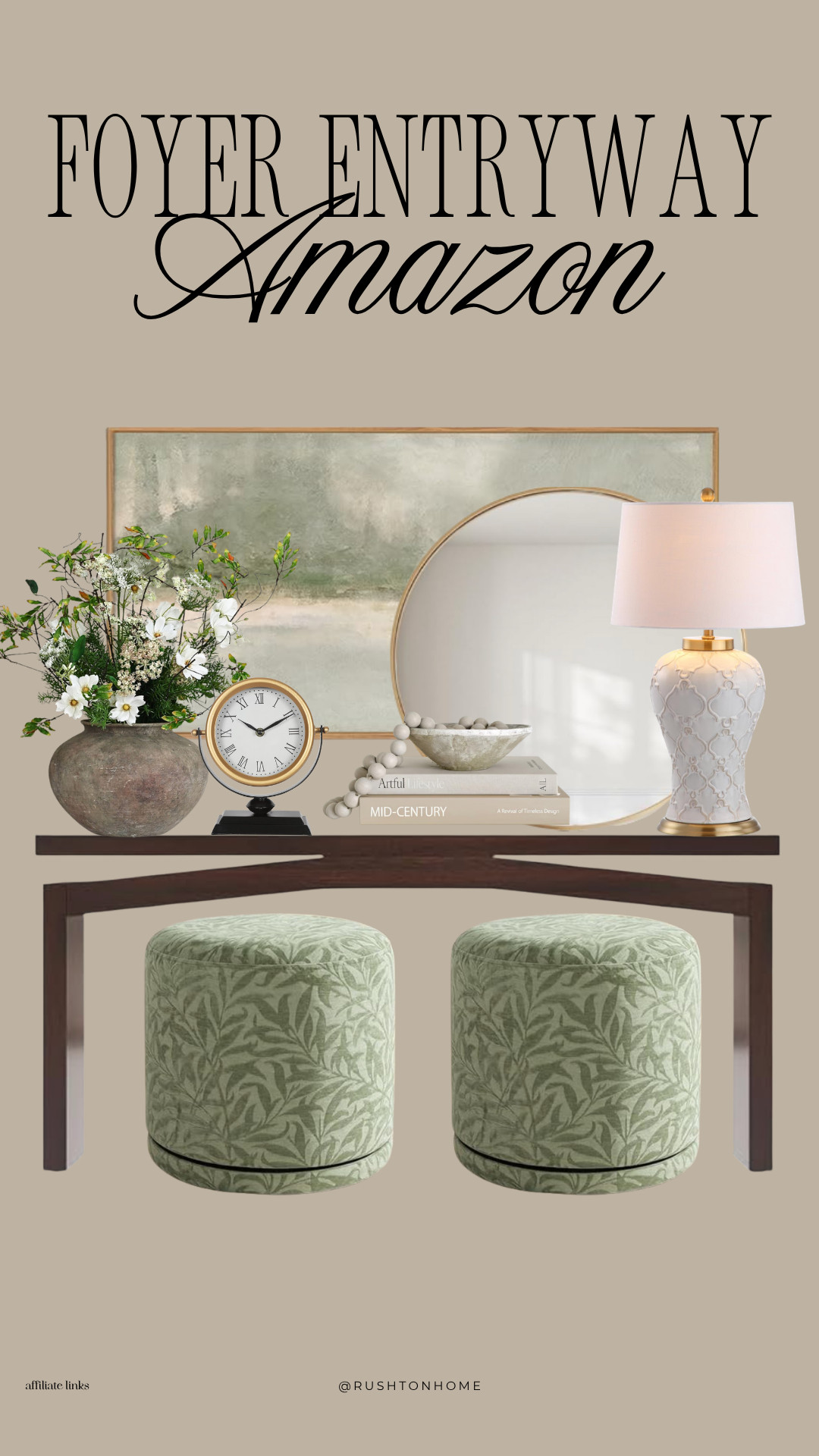 Foyer Entryway Amazon Decor:
foyer decor ideas, entryway styling, amazon entryway decor, console table styling, round mirror decor, foyer artwork, entryway lamp, decorative ottomans, entryway inspiration, neutral home decor, sage green decor, console table accessories, decorative vase styling, foyer design ideas, welcoming entryway, modern traditional decor, designer inspired entryway, affordable foyer decor, entryway organization, home decorating ideas 

 #LTKHome
