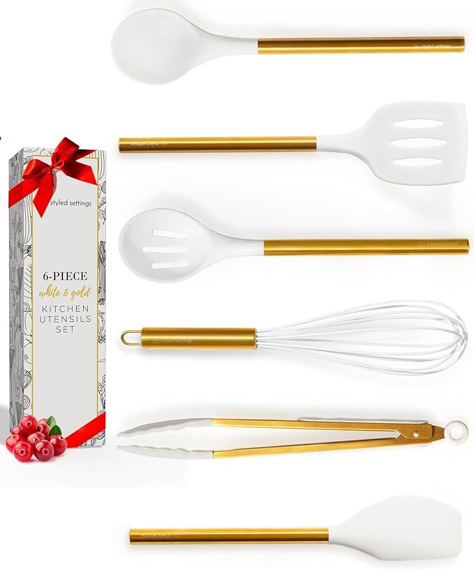 STYLED SETTINGS White Silicone & Gold Kitchen Utensils Set - Stainless Steel Gold Cooking Tools f... | Amazon (US)