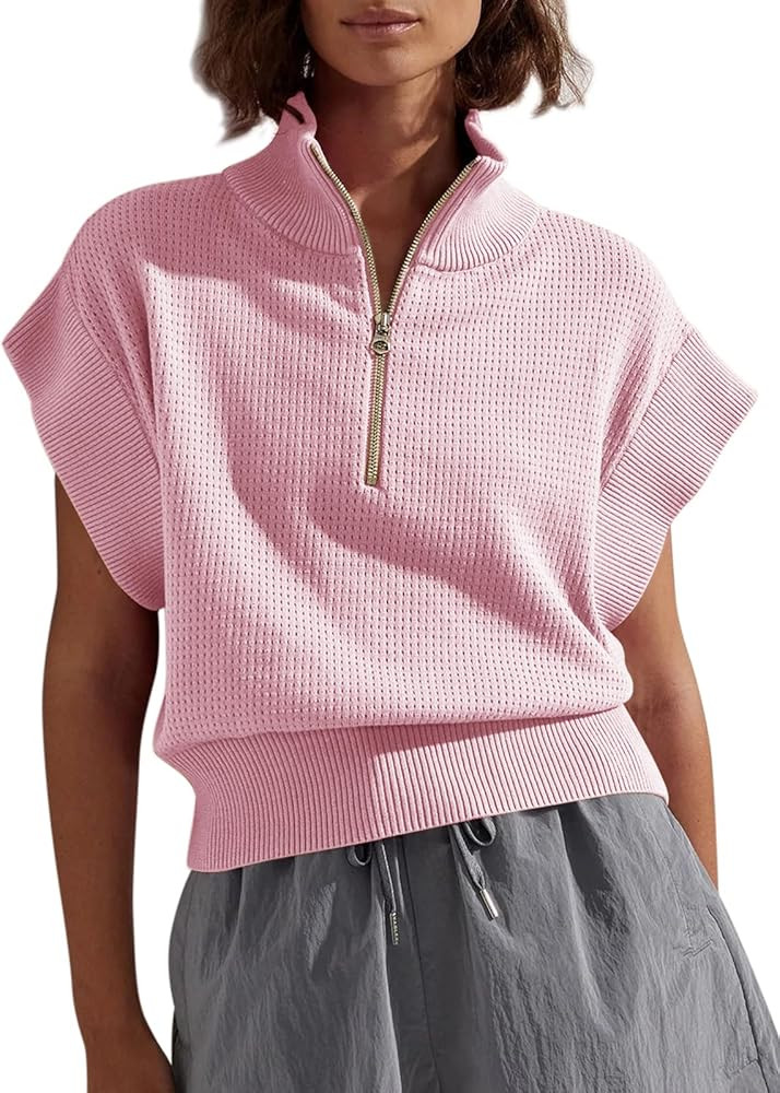 Langwyqu Womens Short Sleeve Cropped Knit Tops Half Zip Cap Sleeve Lightweight Oversized Sweater ... | Amazon (US)