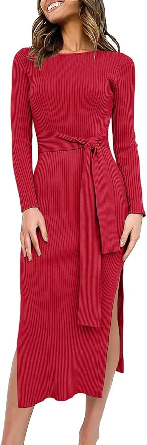 Caracilia Women's Crew Neck Long Sleeve Midi Sweater Dress Elegant Side Slit Bodycon Dress with B... | Amazon (US)