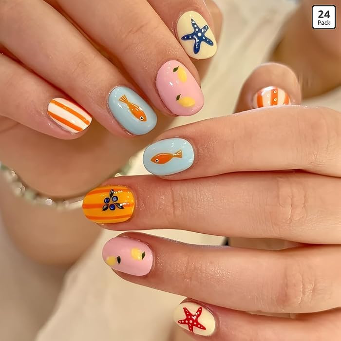Almond Press on Nails Short Colorful Fake Nail Cute Beach Style Print Acrylic Nail Press ons Stic... | Amazon (US)
