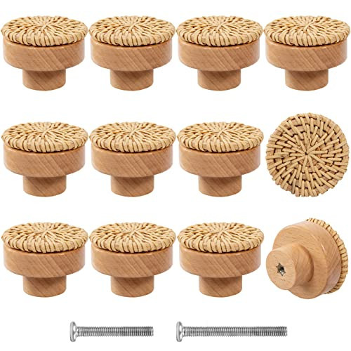 ANPHSIN 12 Pack Boho Wood Dresser Drawer Knobs- Handmade Rattan Woven Cabinet Knobs Pulls Handles with 24 Screws for Home Nursery Furniture | Amazon (US)
