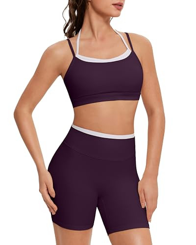 OMKAGI Workout Sets for Women Cute Doubel Layer Open Back Sports Bras Gym Shorts Outfits(L,531-Violet Purple) | Amazon (US)