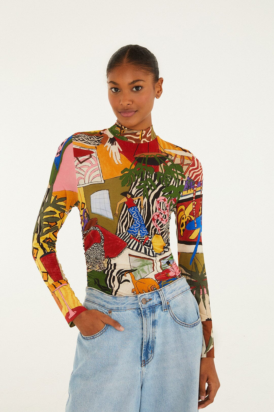 Multicolor Tropical Long Sleeve Turtleneck Blouse | FARM Rio | FarmRio (US)