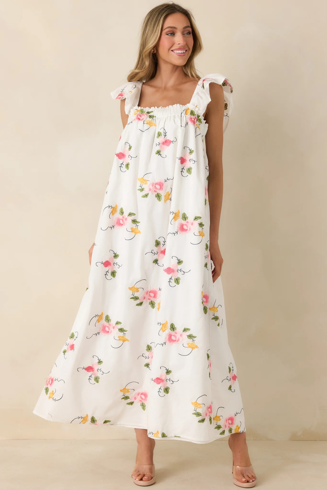 Sweet Briar Blossom White Multi Floral Embroidered Maxi Dress | Red Dress