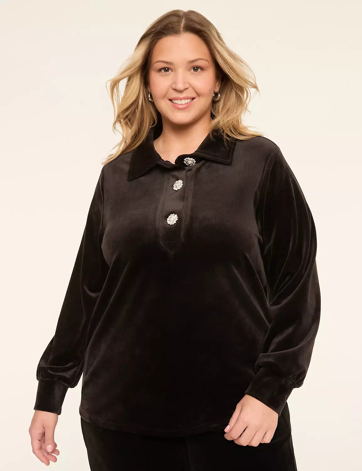 Ribbed Rhinestone-Button Polo Top | Lane Bryant (US)