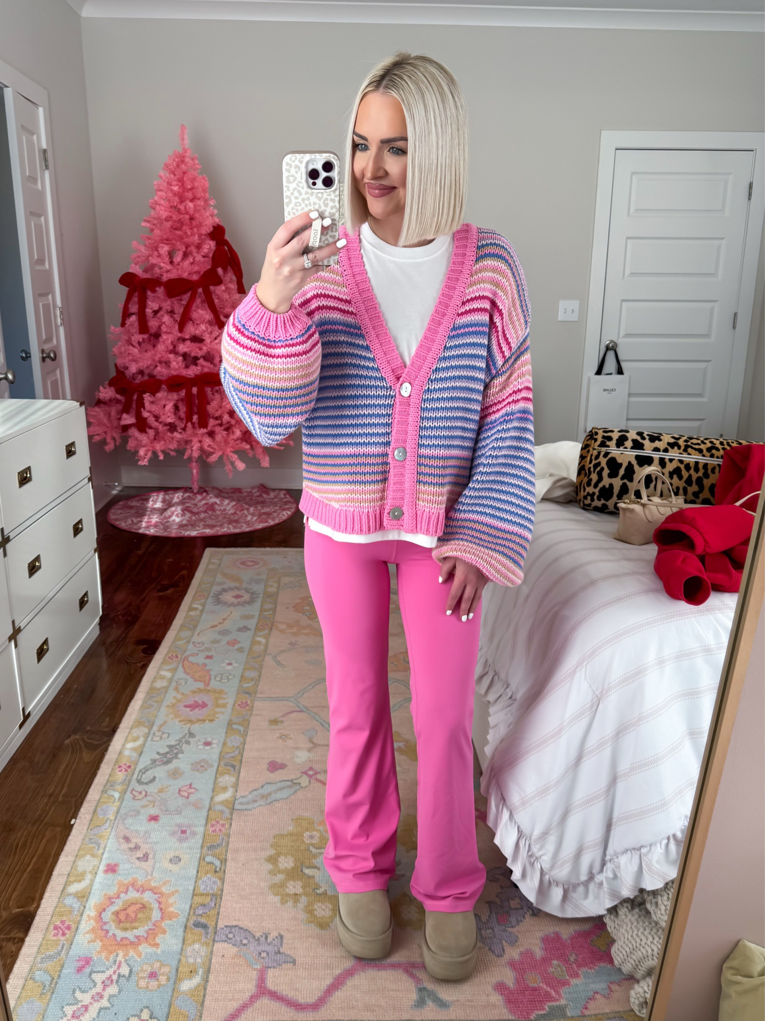 Good karma cardigan (XS) / pink flare pants (XS) / colorful outfit / colorful January outfit / mom outfit / mom style 

#LTKU #LTKActive #LTKFindsUnder50