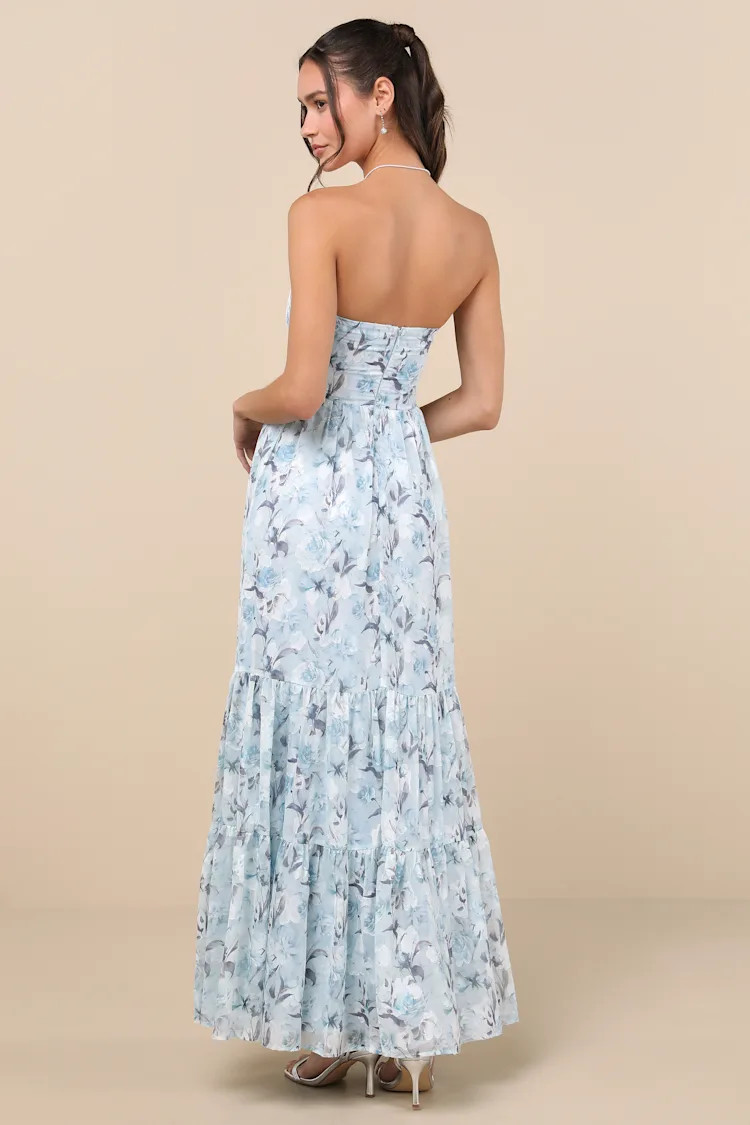 Special Moment Light Blue Floral Strapless Bustier Maxi Dress | Lulus