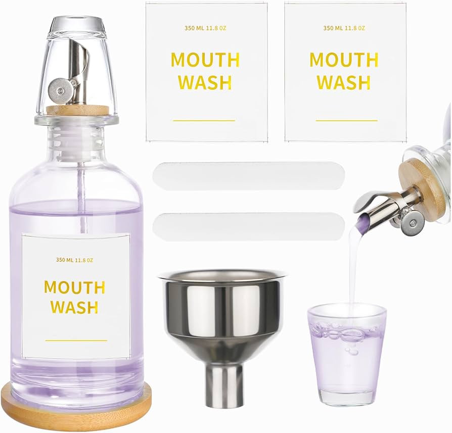 RELBRO Glass Mouthwash Dispenser for Bathroom, 11.8 OZ Refillable Mouthwash Container with Cup, A... | Amazon (US)