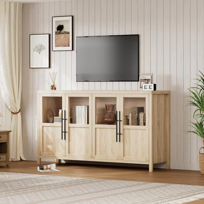 Sideboard Buffet Cabinet with 4 Glass Doors, 55" Large Buffet Cabinet with Storage, Modern Farmhouse Storage Cabinet Table,Wood | Target
