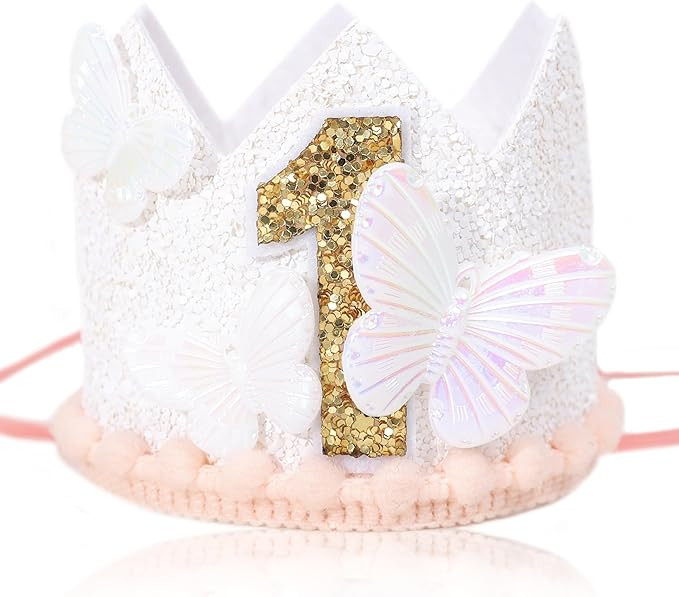 White Glitter Pastel Butterfly First Birthday Crown - Girls' Fairy Cake Smash Party Hat and Photo... | Amazon (US)