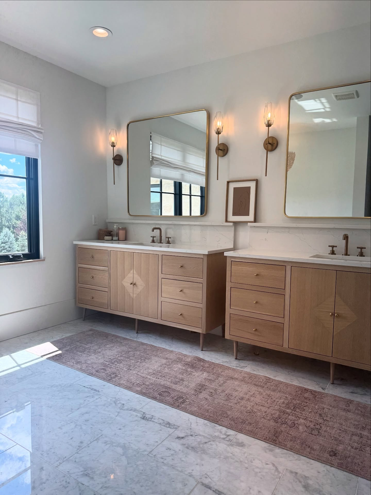 Fall in the master bathroom. I love designing bathrooms, creating retreats that bring calm at the start and end of each day. 

The light marble floors, custom white oak vanities, oversized mirrors and elegant pendants make this a showstopper.

Comment Shop for links to this space or visit my LTK ⬇ https://liketk.it/5e9ZC #ltkstyletip #ltku #ltkhome
