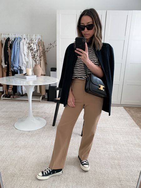 J.crew petite fall outfits. J.Crew Kate trousers. 

Blazer - j.crew xxs
Tee - Theory small
Trousers - JCrew petite 0
Sneakers - Converse 5
Bag - Celine medium
Sunglasses - YSL