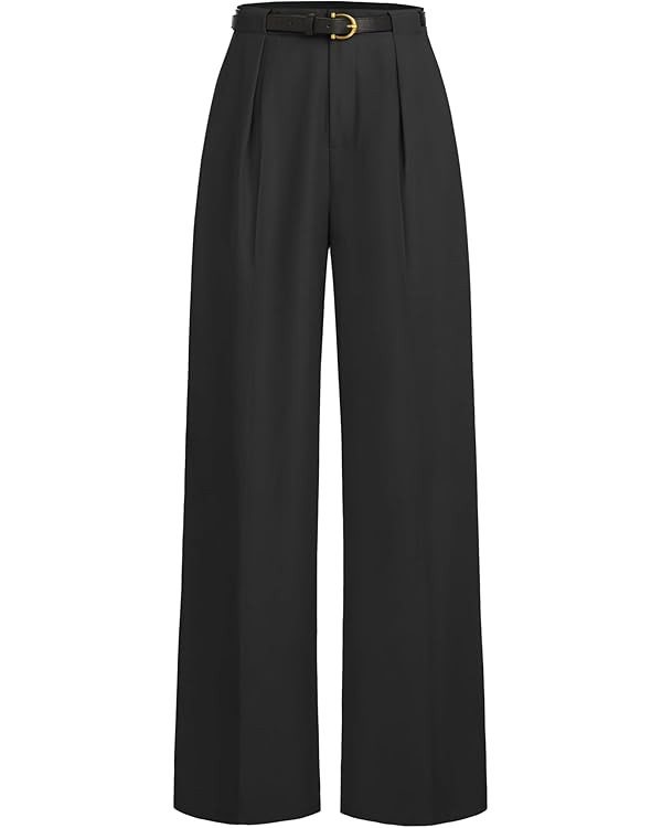 CIDER Mid Waist Solid Pocket Straight Leg Trousers with Belt | Amazon (US)