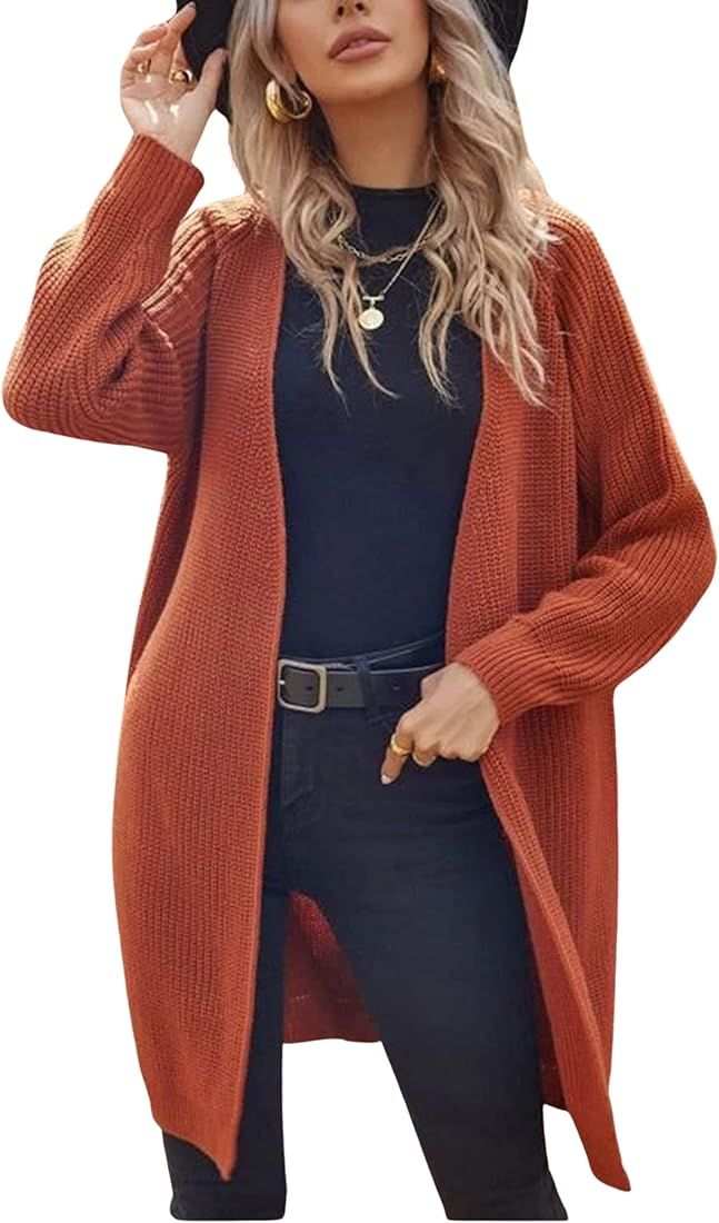 Mannjin Women's Puff Long Sleeve Loose Midi Cardigan Ribbed Open Front Sweater | Amazon (US)
