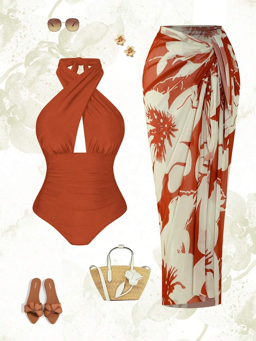 Swim Oasis Plus Size Women 2pcs Set Halter Backless Swimsuit With Random Print Beach Cover Up And... | SHEIN