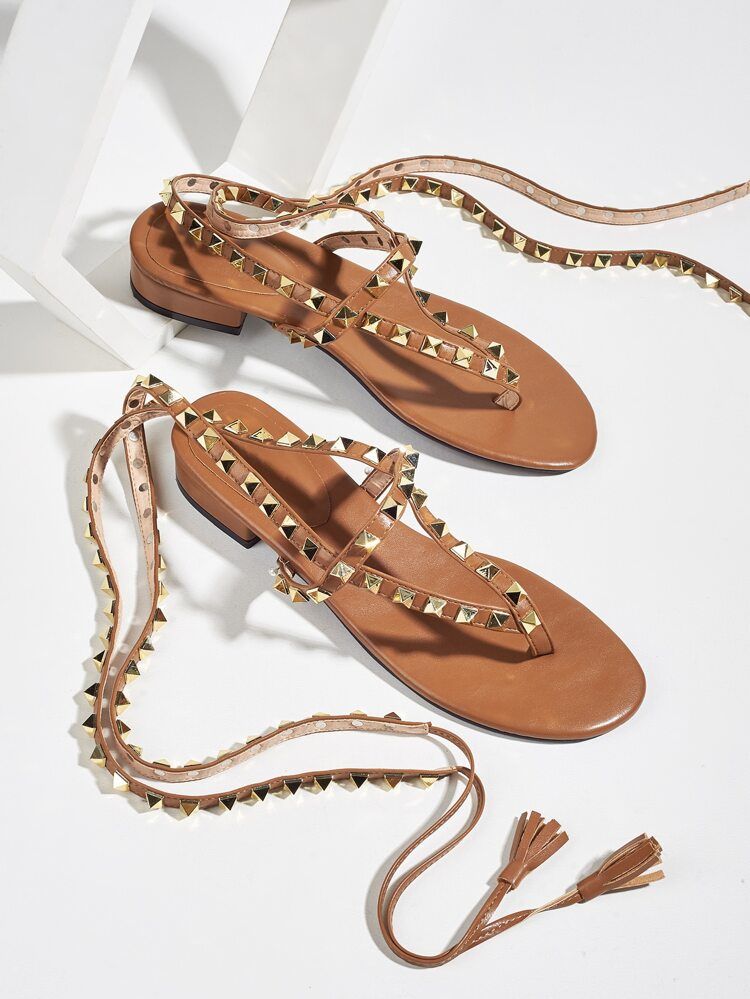 Spiked Decor Tie Leg Flat Thong Sandals | SHEIN