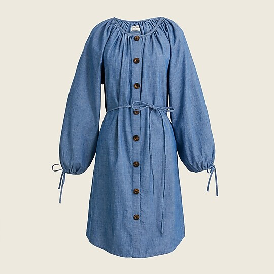 Tie-sleeve button-front dress in chambray | J. Crew US