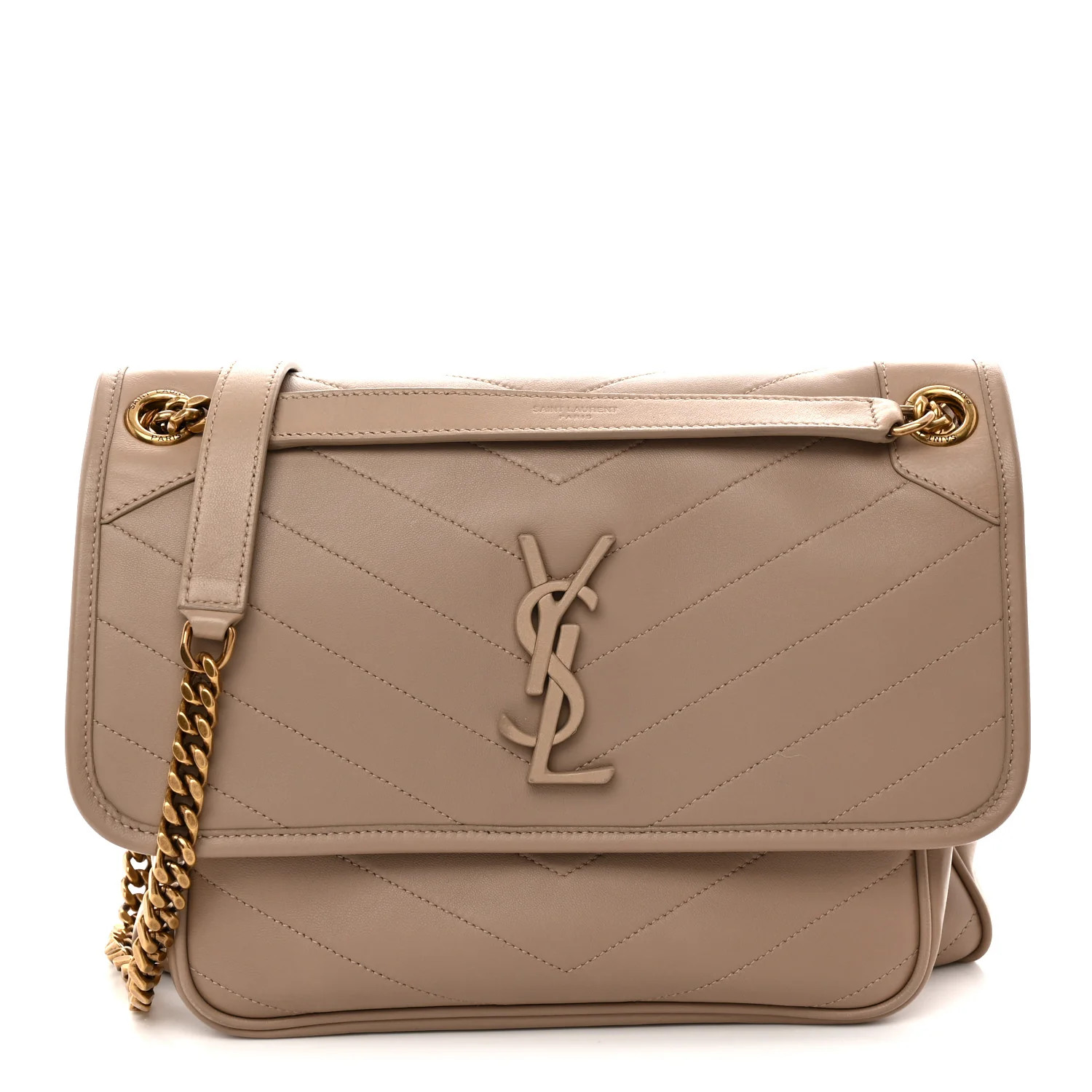 Saint Laurent Lambskin Matelasse Monogram Medium Niki Chain Satchel Dark Beige 1913432 | FASHIONPHILE (US)