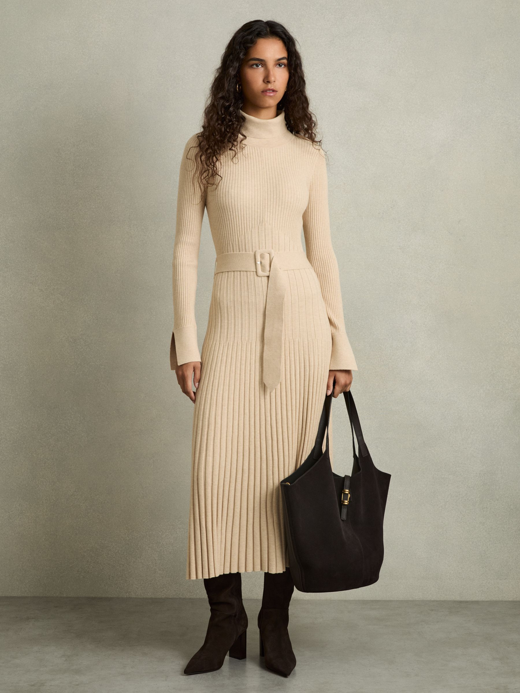 Reiss Ribbed Funnel Neck Belted Midi Dress in Neutral | REISS | Reiss US