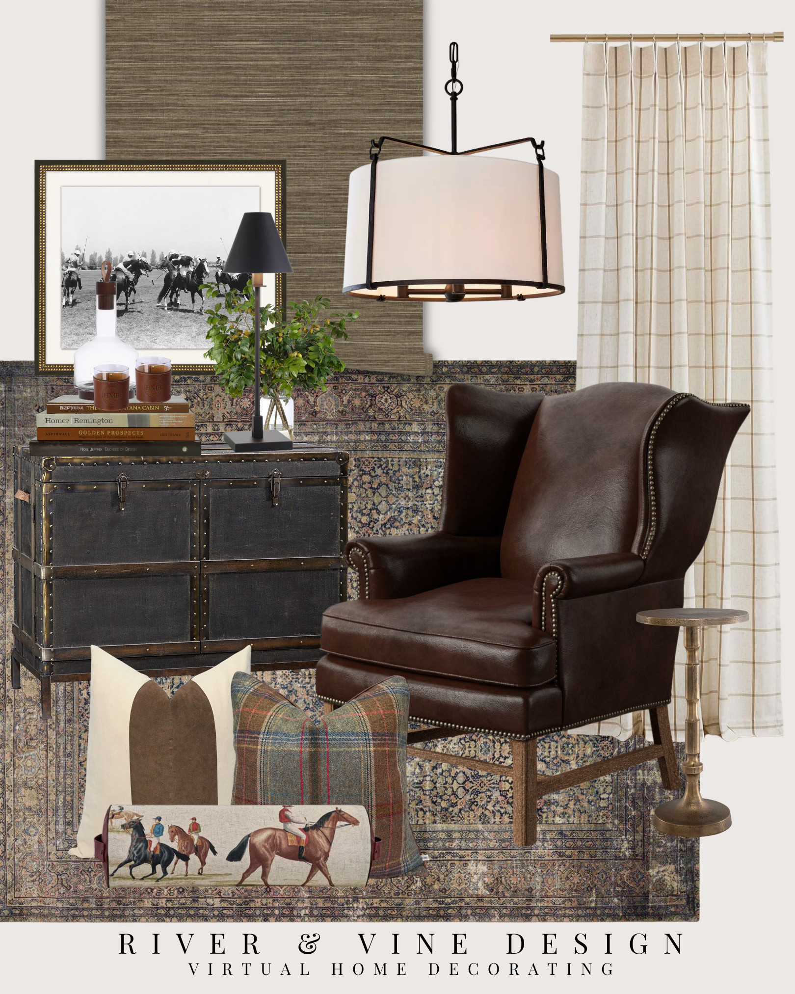 A reading nook feels flat when it has furniture but no atmosphere.

Build the room in layers: a richly colored rug underfoot, grasscloth or another tactile wall covering, a dark leather chair, warm metal lighting, and one piece of oversized traditional artwork. Plaid and equestrian pillows introduce pattern without competing with the larger pieces.

This combination creates a warm, masculine reading corner that still feels polished and timeless. Save this moodboard for a home office, library, den, or Ralph Lauren–inspired living room.

Affiliate links may earn me a commission at no additional cost to you. 

 #LTKHome