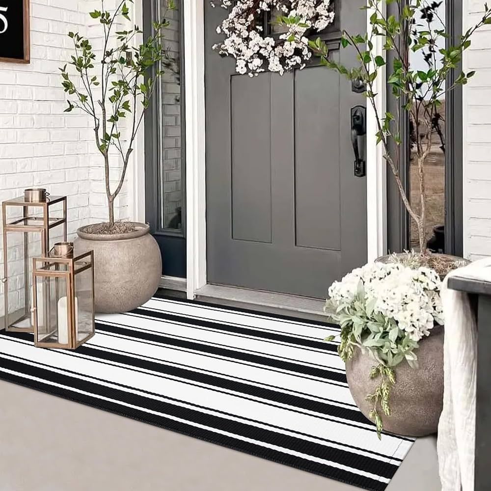 Striped Front Door Mat 24"x51", Outdoor Black and White Rug Runner, Cotton Hand Woven Washable Fr... | Amazon (US)