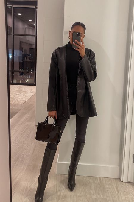All black winter date night outfit / leather blazer, knee high boots, winter outfit, all black everything, black turtleneck outfit 

#LTKstyletip #LTKSeasonal #LTKshoecrush