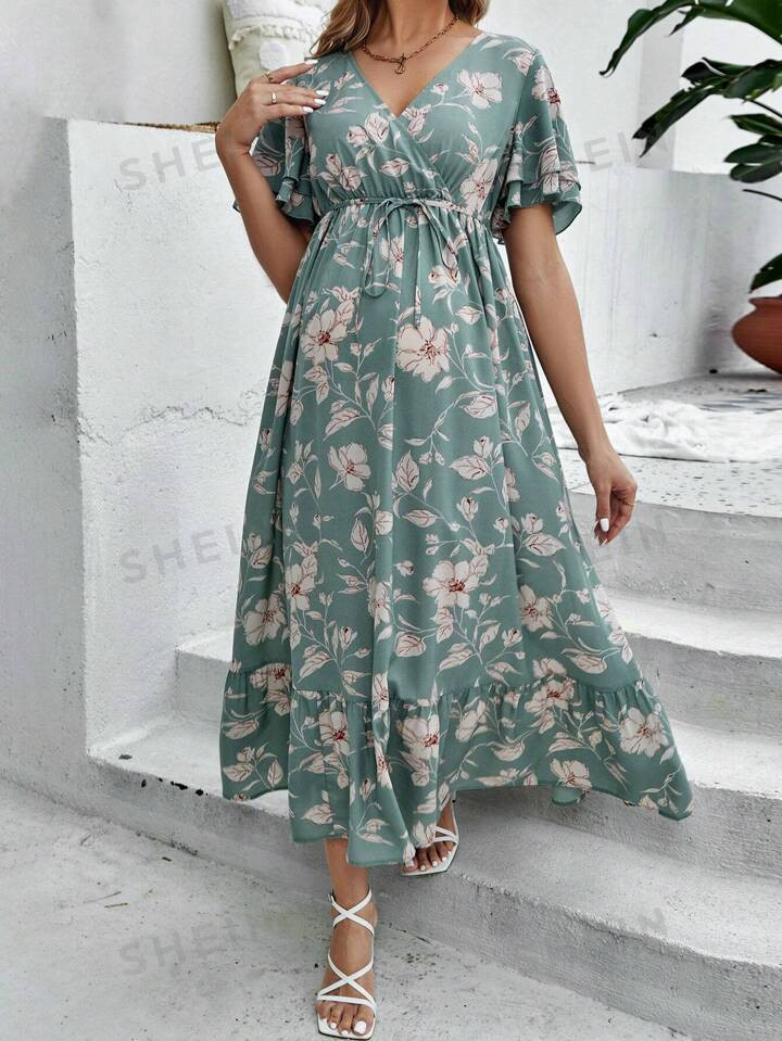 SHEIN Maternity Floral Print Butterfly Sleeve Belted Ruffle Hem Dress | SHEIN
