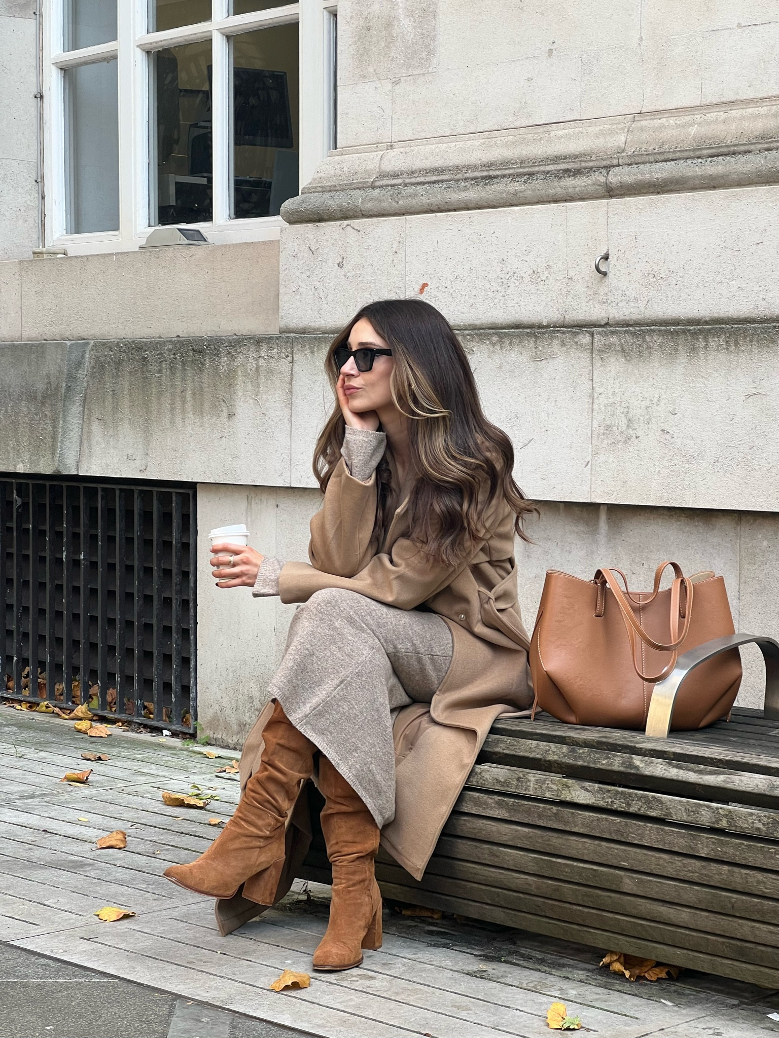 Autumnal outfit 🍂 Suede knee high boots, camel coat, wool knitted dress, tan tote bag 🍂

#LTKeurope
