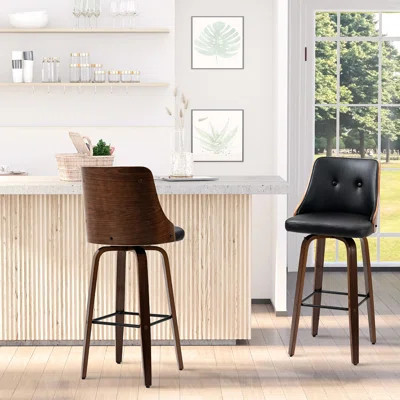 Black Bar Stools, Height, Of 2. Pu Leather With Footrest & Back. 360° Rotatable, Solid Wood Legs For A Hip Look 2pcs Height Black. Leather, Back Footr | Wayfair North America