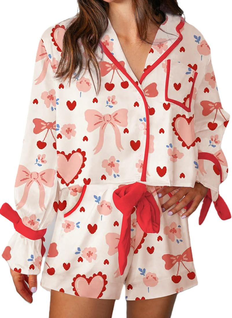 Argeousgor Valentine's Day Pajamas for Women Bow Tie Long Sleeve Shirt Ruffe Shorts Satin Heart 2... | Amazon (US)