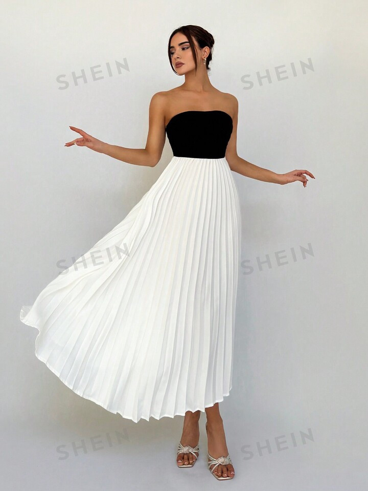 SHEIN Aloruh Women's Elegant Party Sexy Pleated Strapless Black & White Color Block Wedding Seaso... | SHEIN