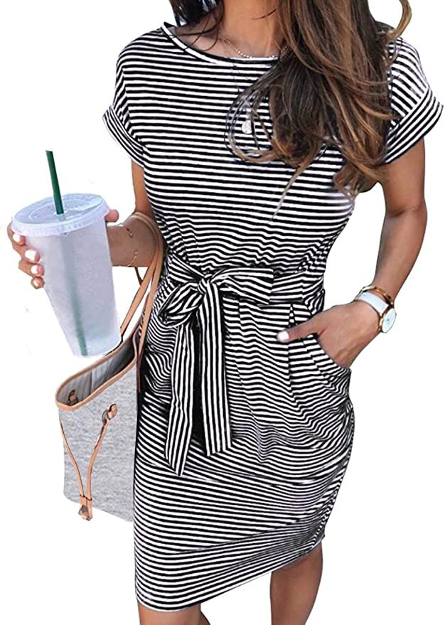 MEROKEETY Women's Summer Striped Short Sleeve T Shirt Dress Casual Tie Waist with Pockets | Amazon (US)