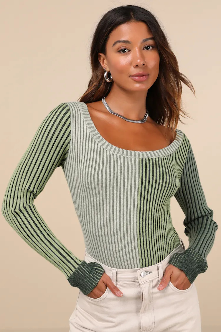 Mod Cutie Green Color Block Ribbed Long Sleeve Bodysuit | Lulus