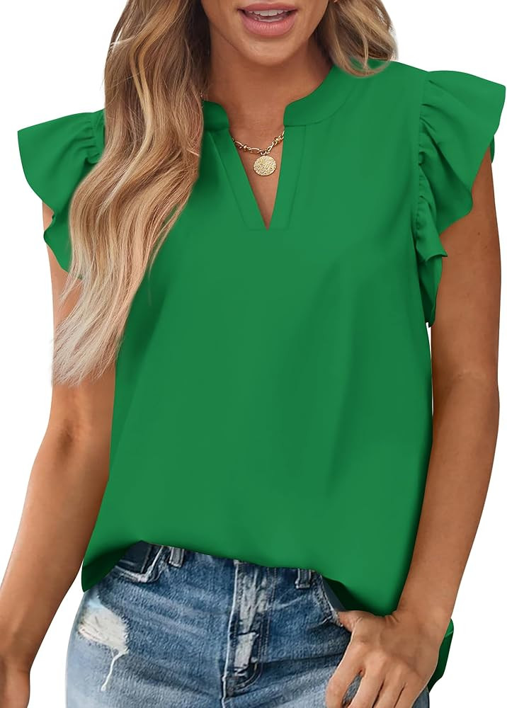 Zenlonr Womens Summer Tops 2026 Casual V Neck Ruffle Cap Sleeve Blouse Shirts Solid Color Tunic T... | Amazon (US)