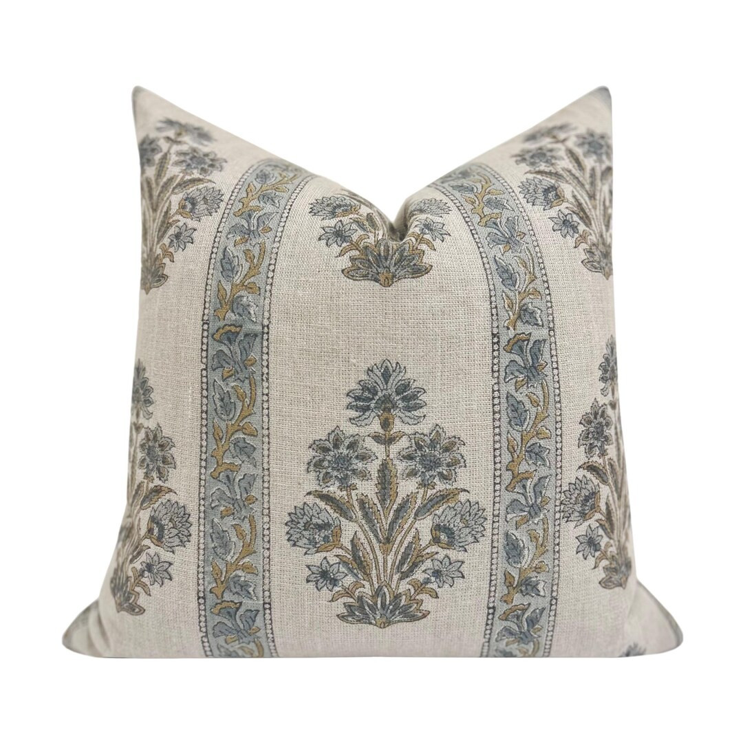 NORAH Designer Floral Linen Pillow Cover, Slate Blue Floral Pillow Cover, Block Print Linen Pillo... | Etsy (US)