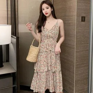 Floral Print Spaghetti-Strap Layered Midi A-Line Dress | YesStyle Global